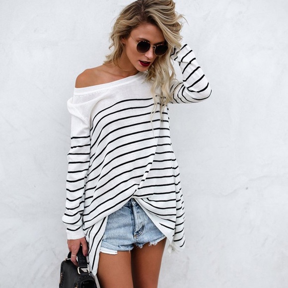 fairlygirly Sweaters - Stripe Sharkbite Long Sleeve Crew Neck Sweater Top